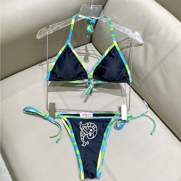 Emilio Pucci Navy Triangle Bikini with Lime & Aqua Trim